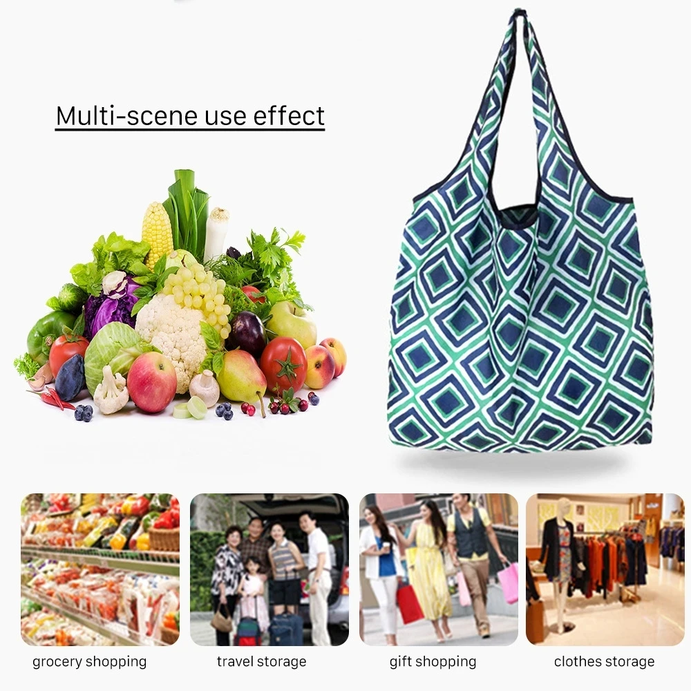 Fashion Printing Foldable Eco-Friendly Shopping Bag Tote Folding Pouch Handbags Convenient Large-capacity for Travel Grocery Bag