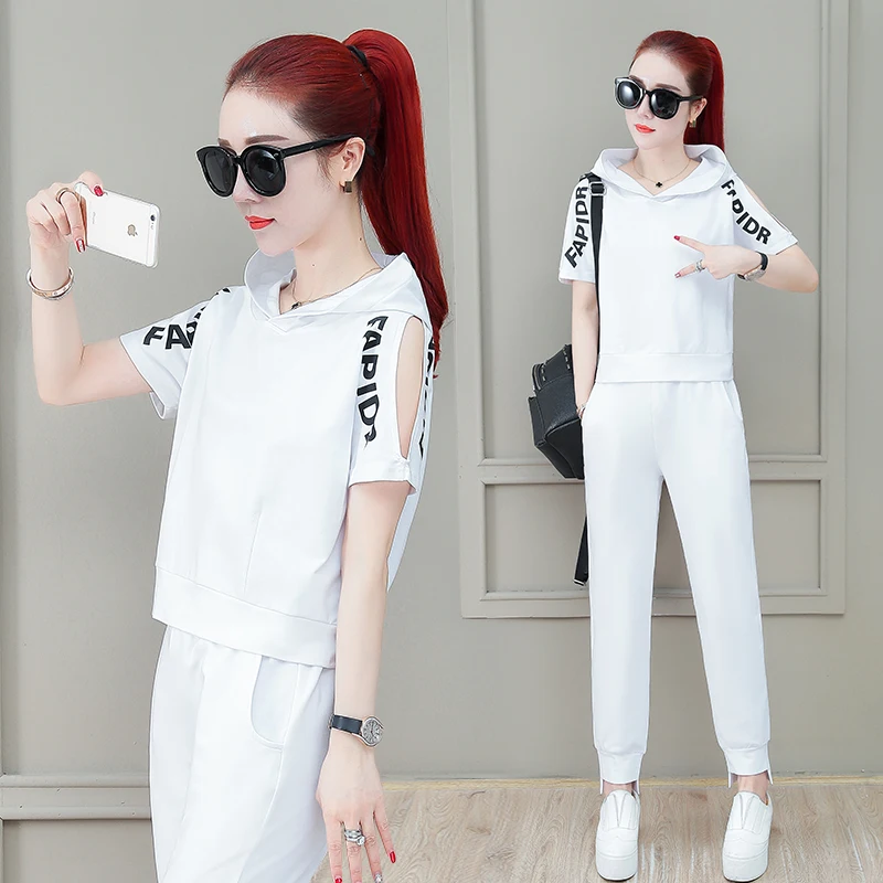 

Women Fashion Loose Sportswear Suit Summer Hooded Short-sleeved T-shirt Trousers Two-piece Set
