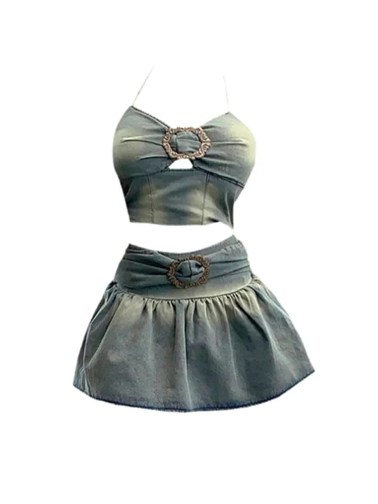 

Korean Fashion Outfits 2 Piece Skirt Set Denim Halter Top + Blue Wrap Hip High Waist Slim A-Line Skirt Elegant Gyaru Clubwear