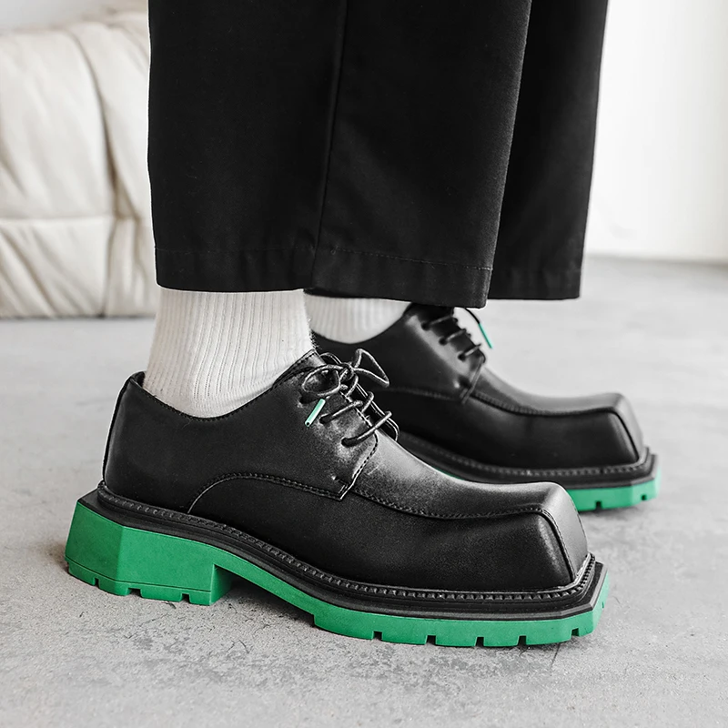 2023 Men\'s Japan Karajuku Korean Style Fashion Streetwear Thick Platform Casual Green Leather Shoes Lace Up Dress Leather Shoes