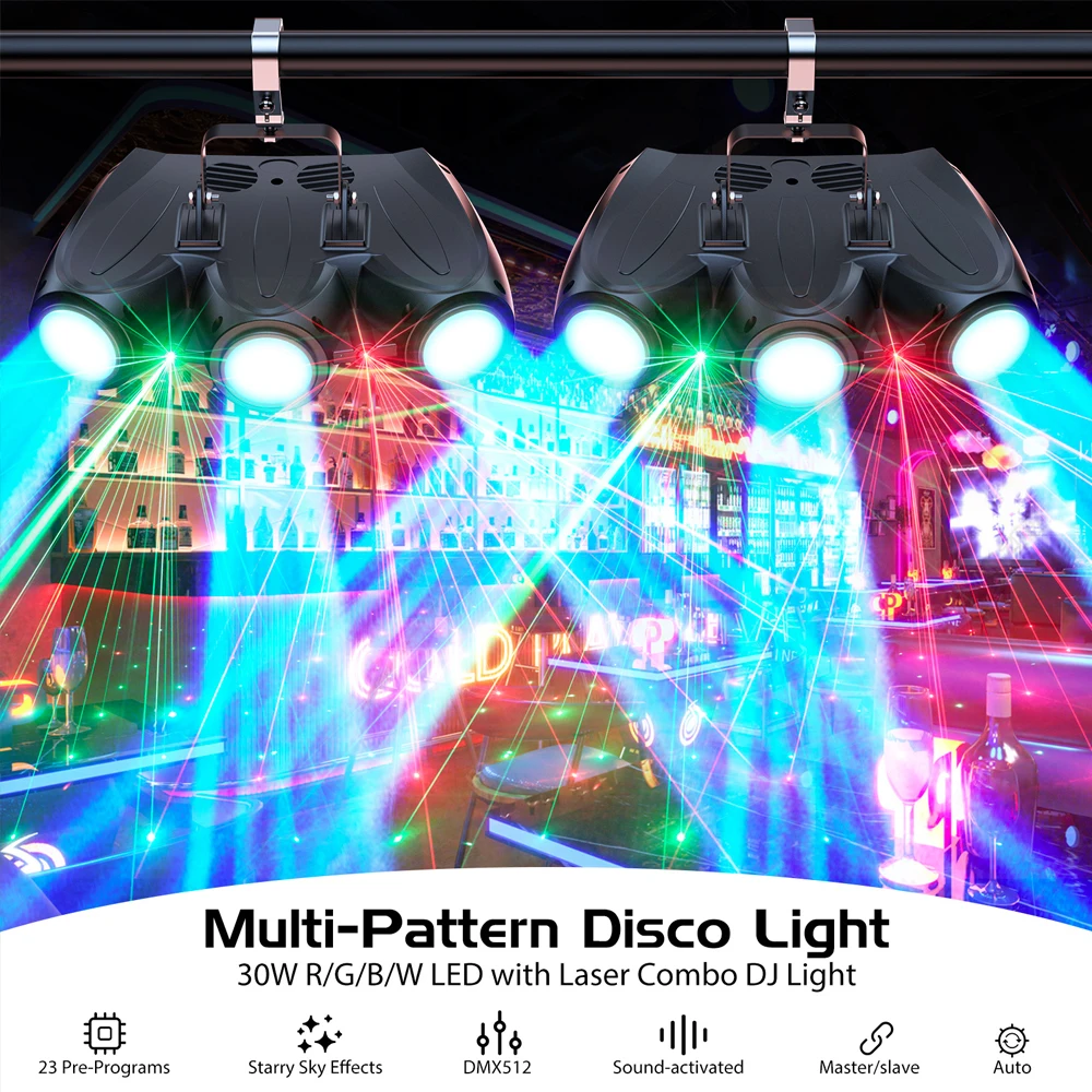 LED Three Head Airship Projector DJ Disco Party Lights 30W RGBW Colorful Pattern Stage Effect Light Sound Control Self-Propelled