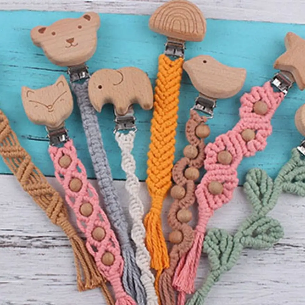 Colorful Cloth Baby Weave Pacifier Chain Round Clip Wood Soother Holder Adjustable Dummy Clips Nipple Holder Clips Children