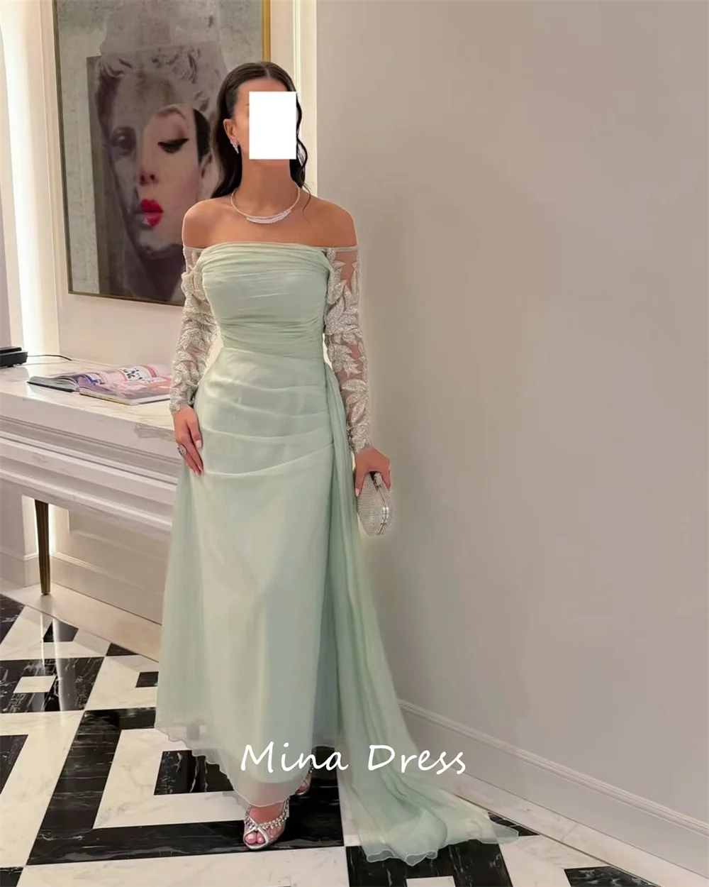 فستان سهرة مخصص من Mina بكتف واحد رائع ثلاثي الأبعاد من الدانتيل على شكل زهرة وأكمام طويلة فستان حورية البحر مفتوح الظهر