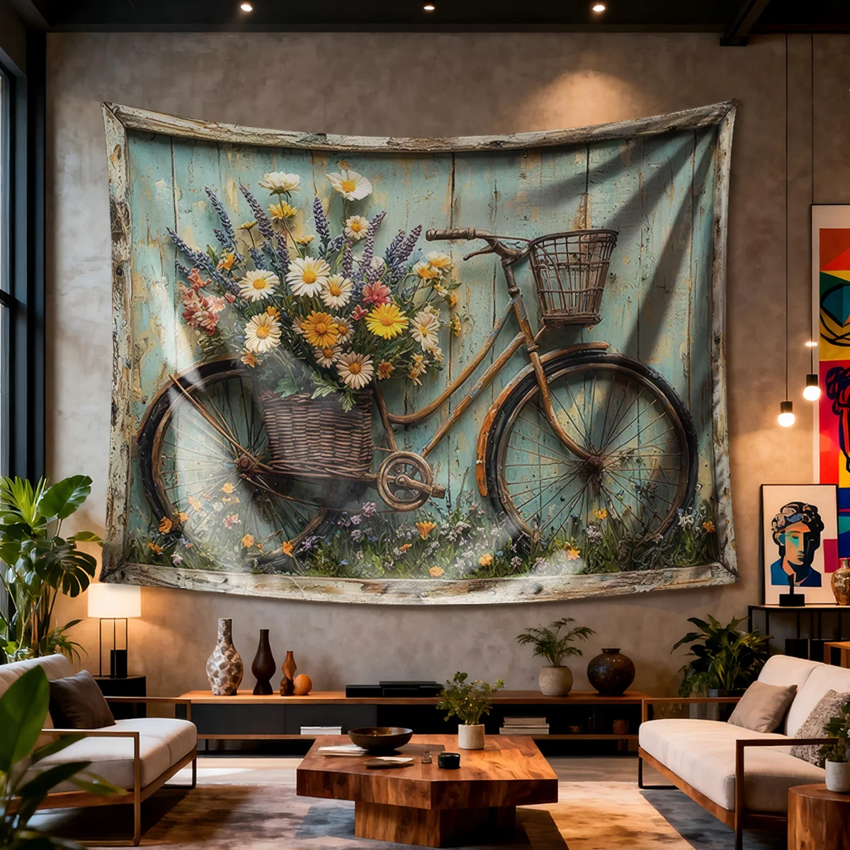 Vintage bicycle with flower Digital printing polyester wall tapestry suitable for use living rooms bedrooms offices bars party