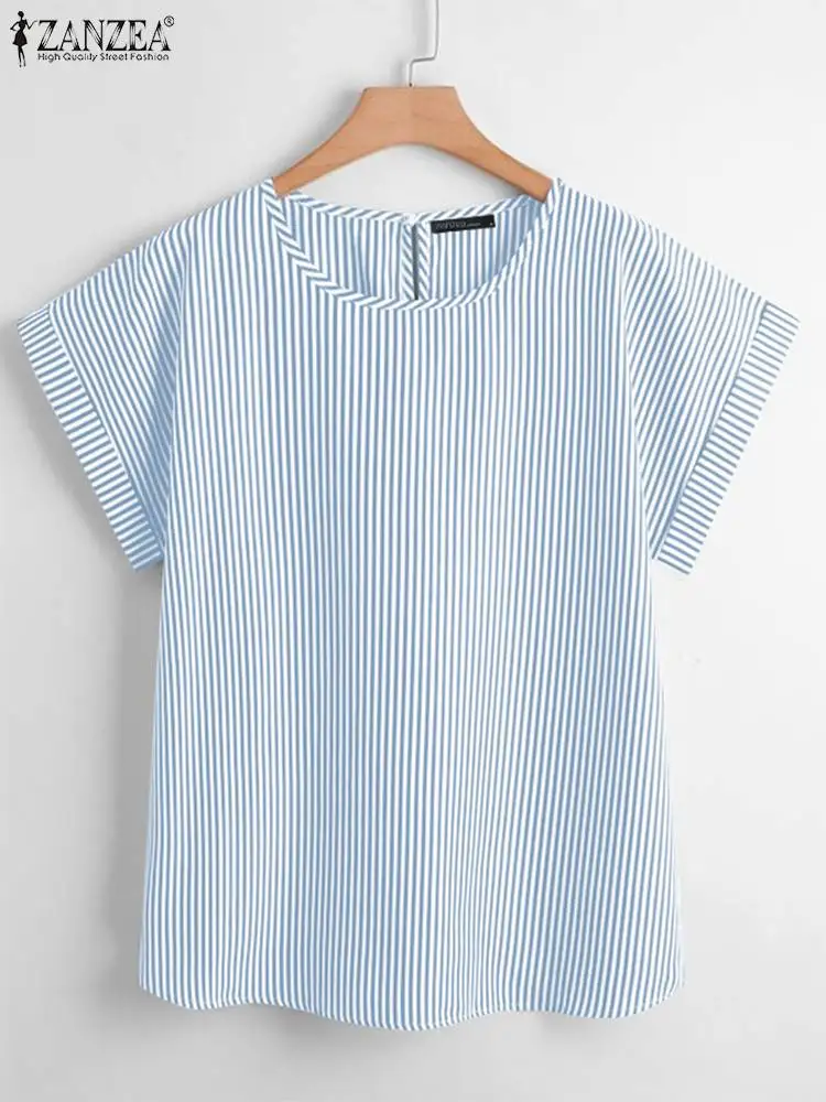 ZANZEA Harajuku Women Short Sleeve Blouse Korean Fashion Stripes Tops 2024 Summer Casual Round Neck Tunics Daily Simple Blusas