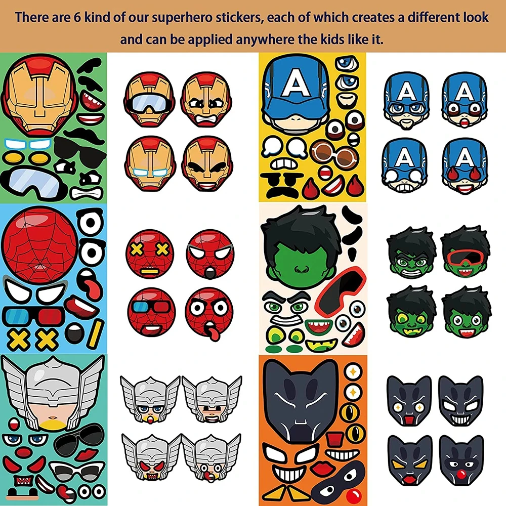 6/12sheets Disney Super Hero Anime Puzzle Stickers Make A Face Cartoon Fun Sticker Assemble Jigsaw Kids Toys Educational Decals