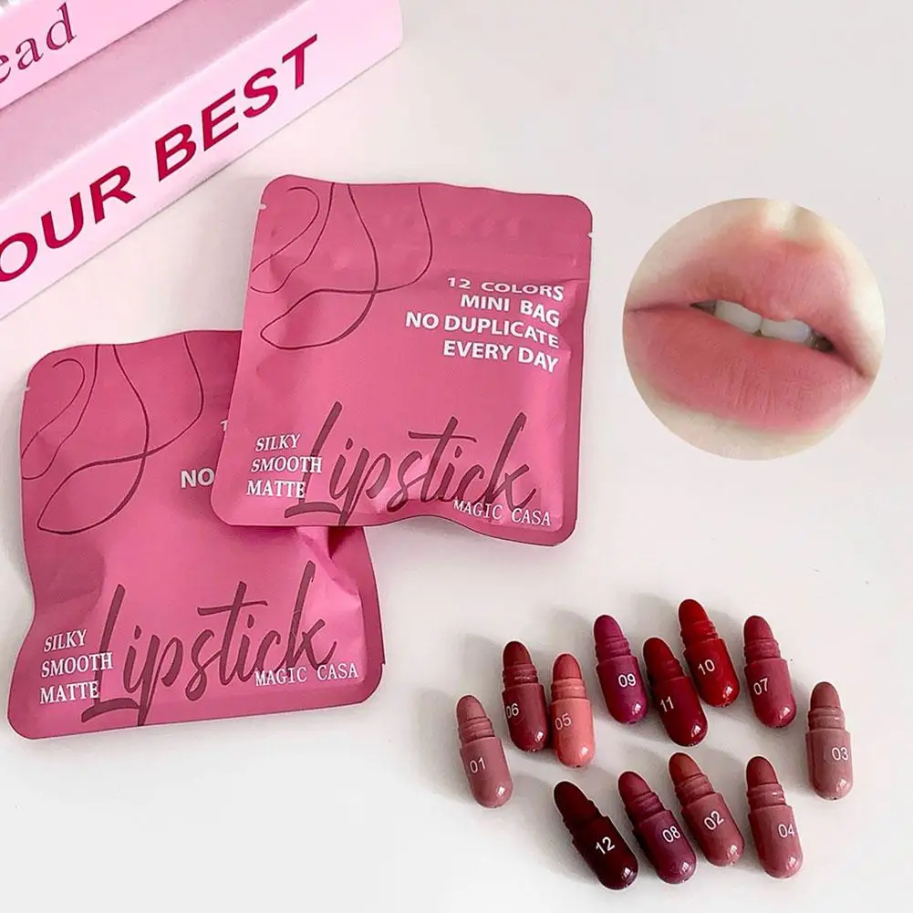 12 Colors Capsule Mini Lipstick Set Velvet Matte Waterproof Lip Glaze Sexy Nude Long Lasting Fashion Solid Lip Gloss Cosmetics