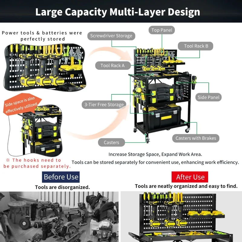 lumizone Tool Cart Hook Set A 3-Tier Foldable Tool cart on wheels DIY Use Tool organization Storage Mobility Transport