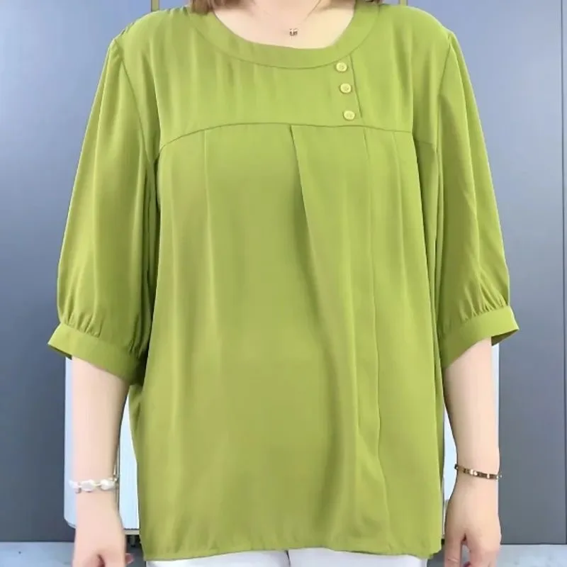 Clothes for Women 2024 Summer Stylish Green Oversized Blouse Casual O Neck Half Sleeve Shirts Simple Ruffled Tops Female Blusas