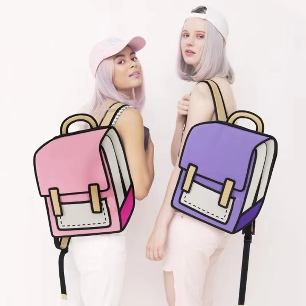 Ransel Wanita Tas Punggung Kartun Gambar 2D Gaya Lompat 3D Tas Pelajar Lucu Modis Tas Kurir Komik Ransel Uniseks Bolos