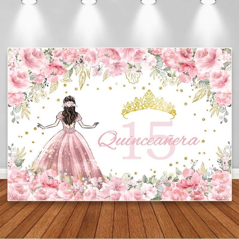 

Quinceanera 15th Birthday Photography Backdrop Pink Flowers Decor Banner Crown Princess Fifteen Birthday Photoshoot Background