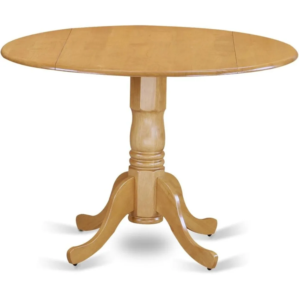 5 Piece Dining Table and Chair Set Includes a round dining table with hanging leaves and 4 linen Parsons dining chairs