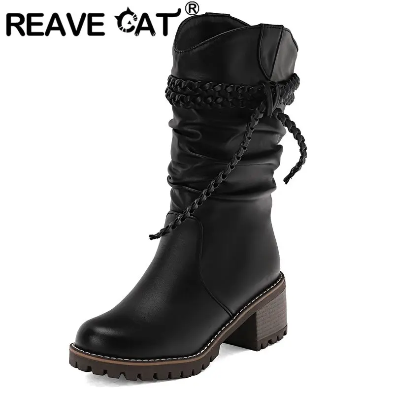 

REAVE CAT Pink Women Mid Calf Boots Round Toe 6cm Chunky Heels Slip On Butterfly Knot Plus Size 41 42 43 Sweet Girls Dating Bota