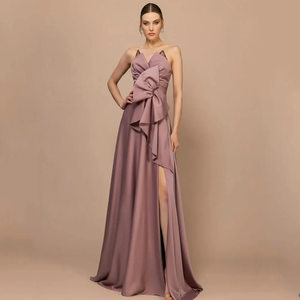 

Элегантные вечерние платья высокого качества из атласа для длиной до пола, платье для выпускного без рукавов с v-образным вырезом и разрезом, хрустальные халаты De Soirée по индивидуальному заказу