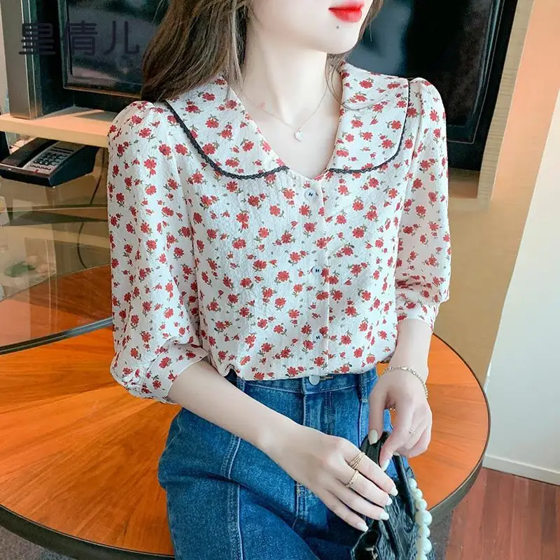 Cropped Sleeves Retro Floral เสื้อชีฟองผู้หญิงใหม่ตุ๊กตาคอหลวมและ Slim Temperament