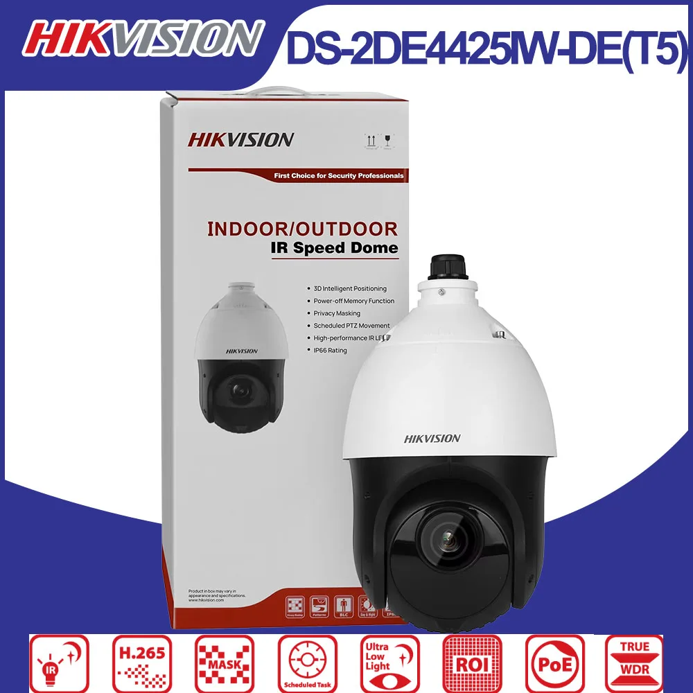 Cámara PTZ Hikvision DS-2DE4425IW-DE(T5) de 4MP, Zoom Óptico 25x, Zoom Digital 16x, IR 100m, IP66, PoE, AcuSense, Cámara Domo de Alta Velocidad para Exteriores