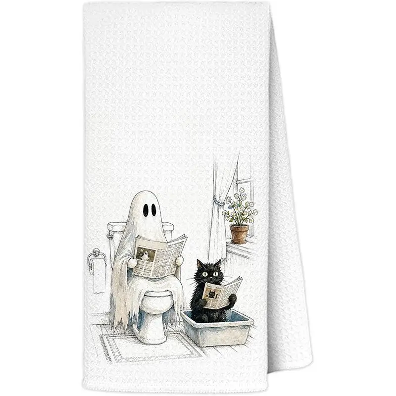 1 piece Halloween ghost black cat kitchen bathroom towel, playful ghost Halloween decorative towel