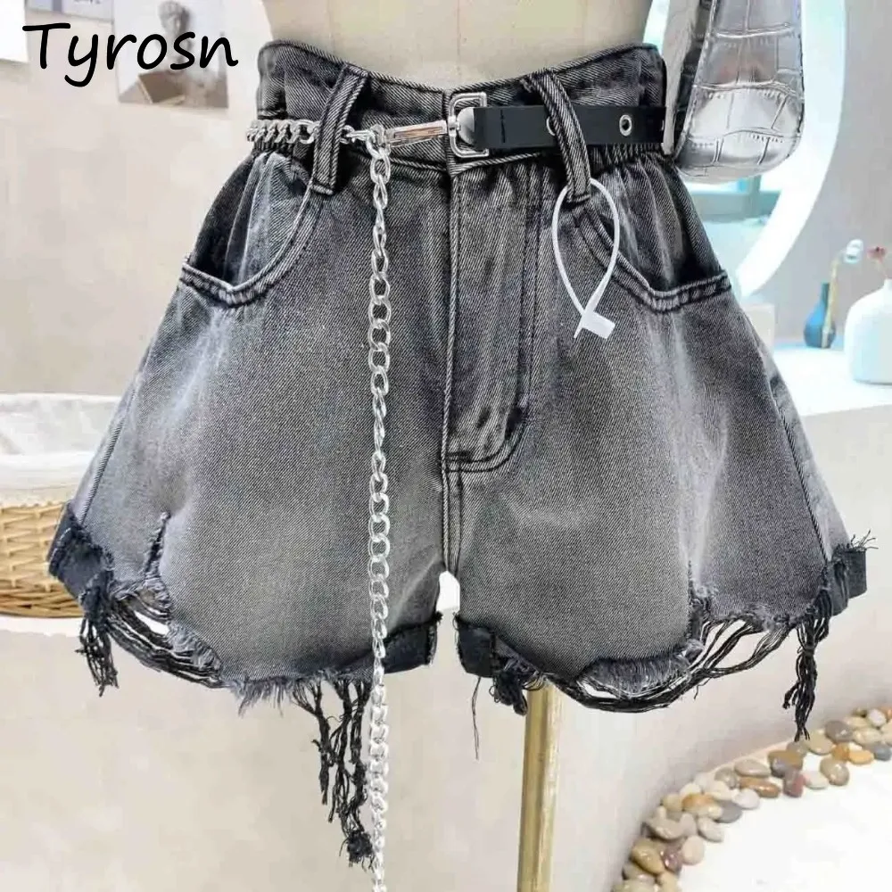 

High Waist Denim Shorts for Women Sexy Ripped Fashion Summer Comfortable All-match Trashy Shopper Chain Korean Style Loose Base