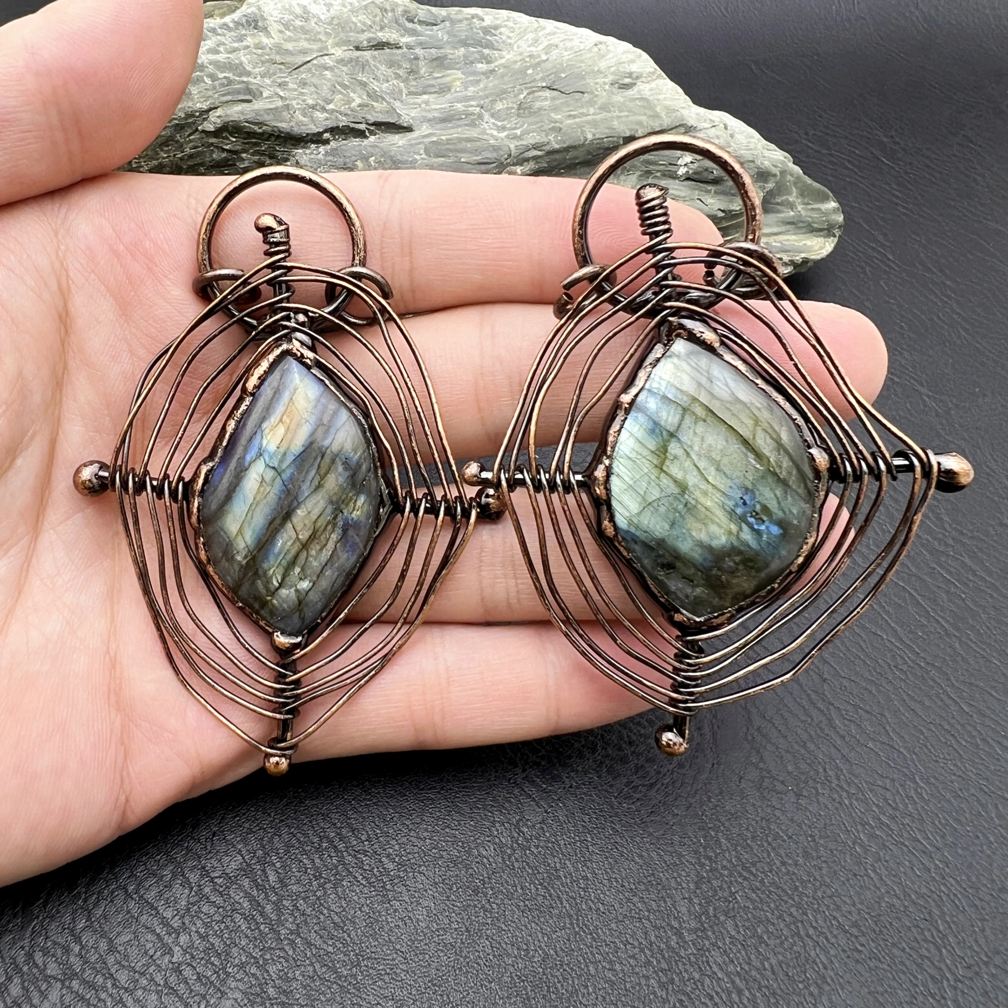 5PCS Soldered Large Natural Stone Flash Labradorite Vintage Spider web Necklace Pendant,Unique Handmade Gothic Jewelry