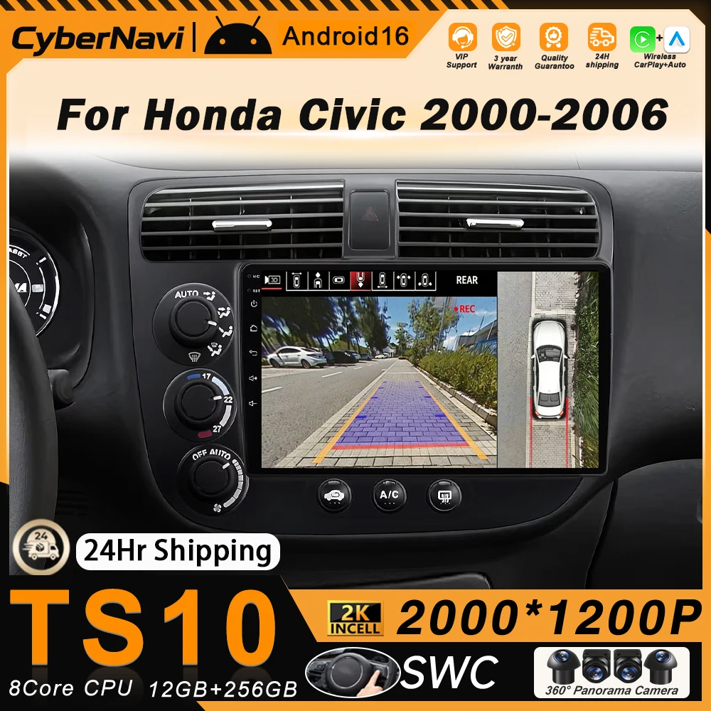 Car Radio For Honda Civic 2000 2001 2002 2003 - 2006 Carplay Android Auto Stereo Multimedia Player AI Voice 5G WIFI Player Scree