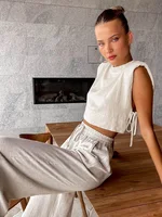 Spring Summer 2025 Women Holiday Linen Pant Set Crop Tops Solid Outfits 2 Two Piece Matching Set For Women - Image 2