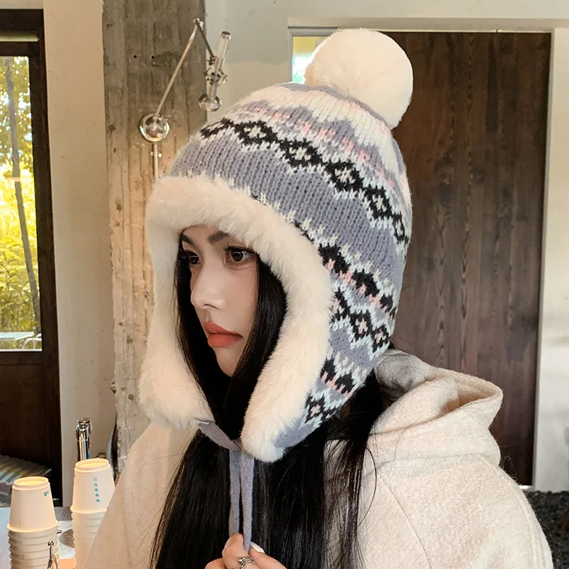 Korean Version Show Face Small Knitted Hat Women's Winter Riding Warm Ear Protection Padded Pullover Woolen Hat Print