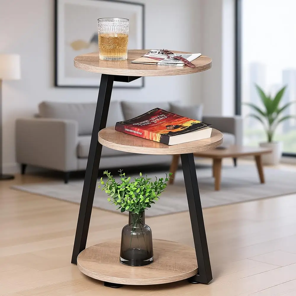 

Трехуровневый металлический приставной столик, маленький прикроватный столик для гостиной или спальни, серо-бежевый