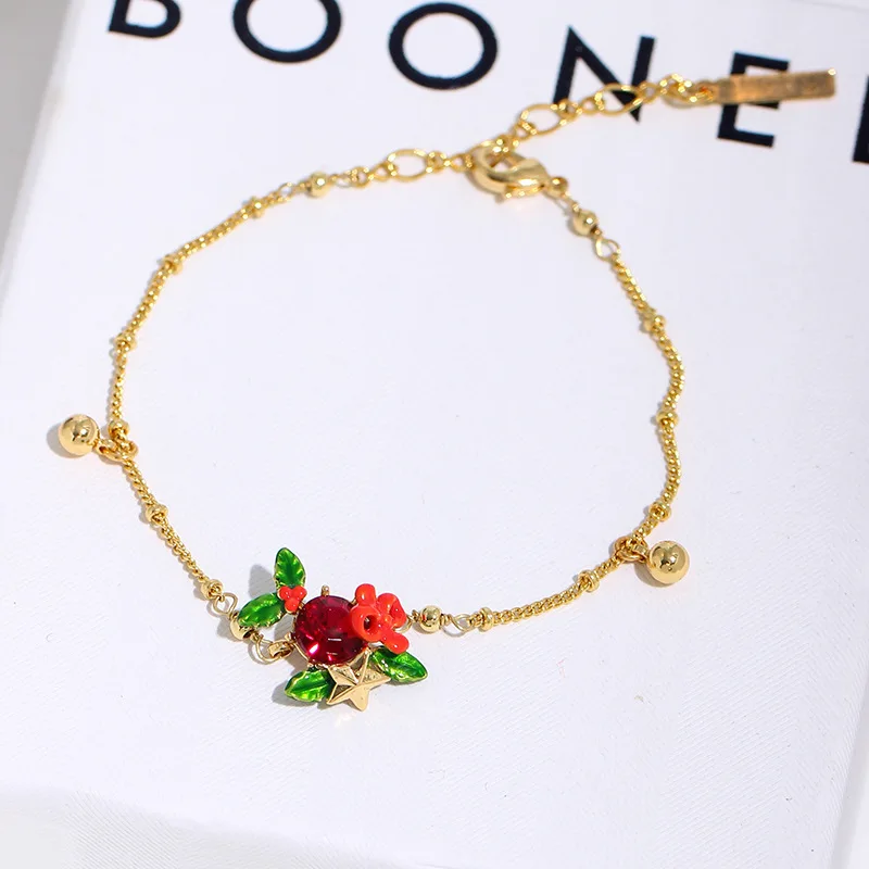 

New Year Christmas Series Luxury Bracelet Hand-painted Enamel Gemstone Bracelet for Women Ins Style Red Bowknot Pendant Jewelry