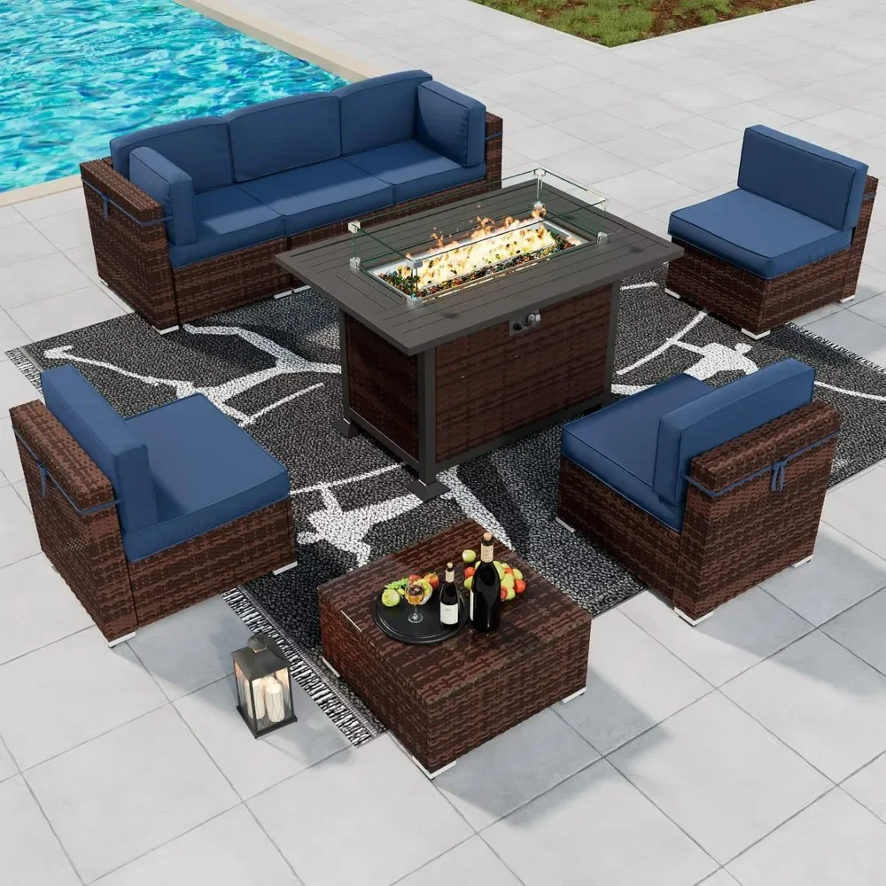 

8 Piece Patio Furniture Sets with Fire Pit Table, w/Gas Fire Pit, Coffee Table, 2 Waterproof Covers,for Patio Back Deck, Balcany