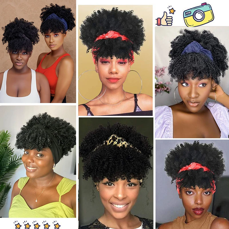 Synthetic Afro Curly Headband Wig Short Puff Curly Wig with Scarf Black Kinky Curly Headband Wigs for Women Cosplay Daily Use