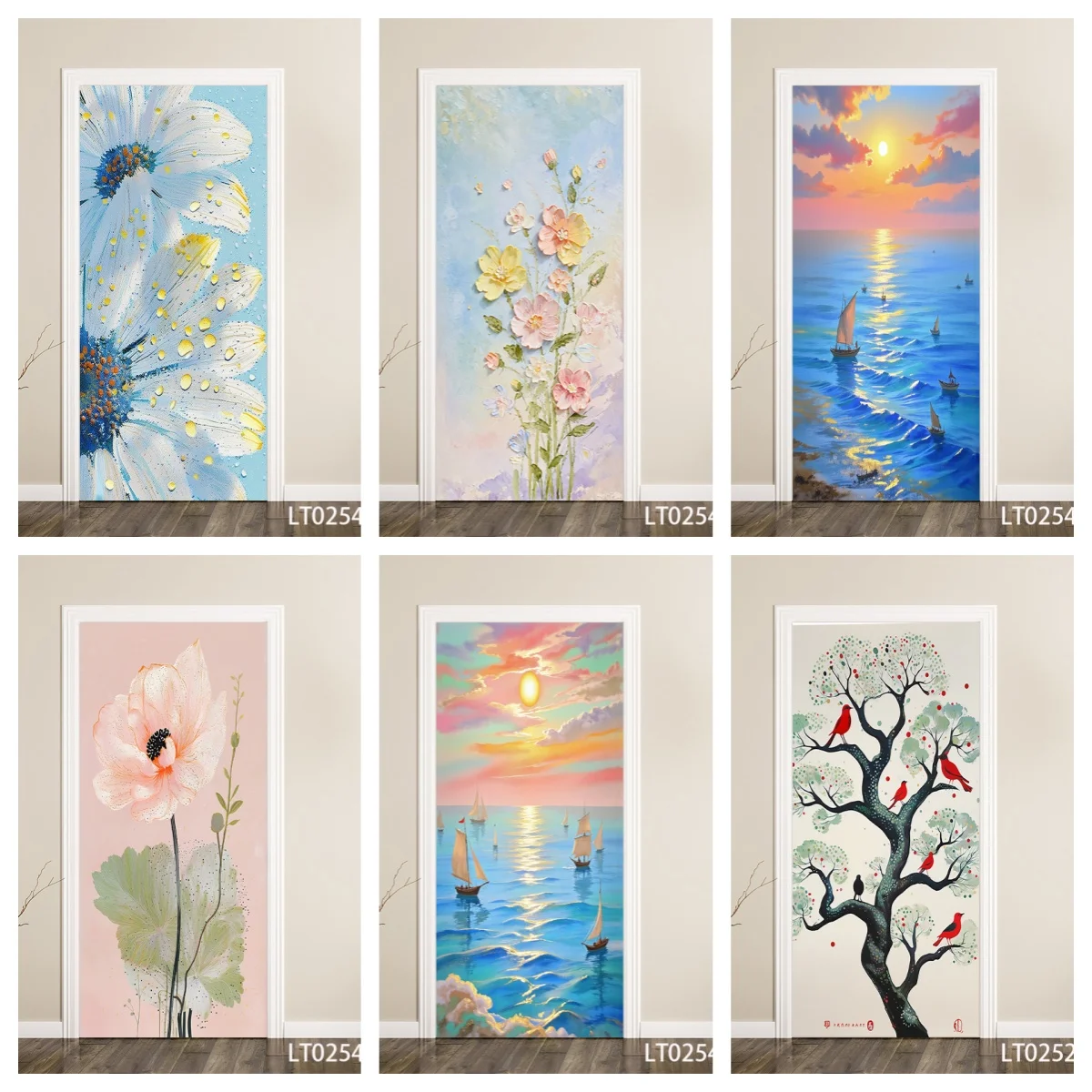 

Oil Painting Flower Wall Stickers, Self-Adhesive Botanical Door Decals, Removable Vintage Floral Vinyl Art for Bedroom Decor