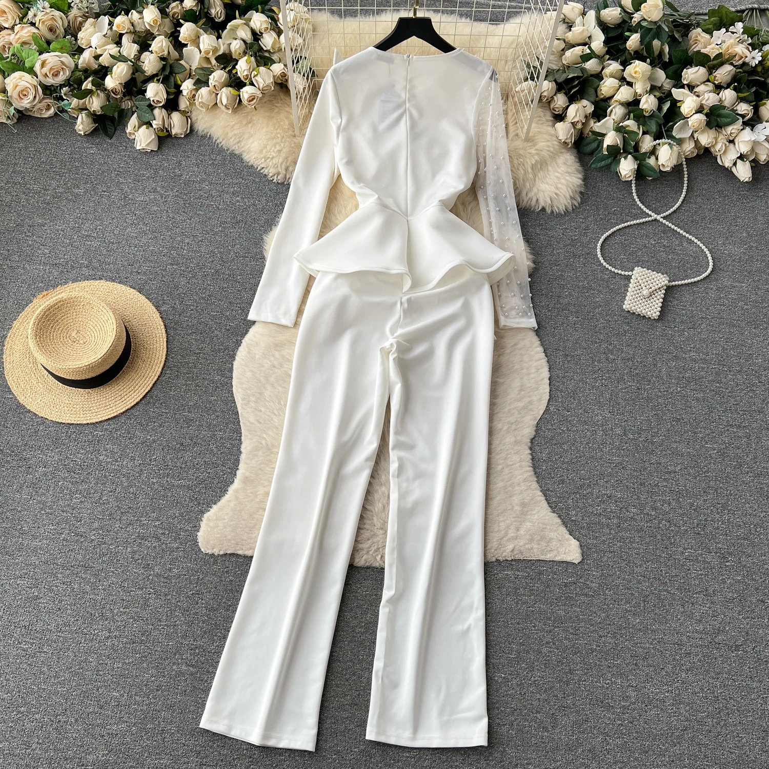 Fashion Luxury Collection Women's Autumn Fake Two piece Mesh Splicing Long Sleeve Shirt Blouse+High Waist Slim fit Jumpsuit