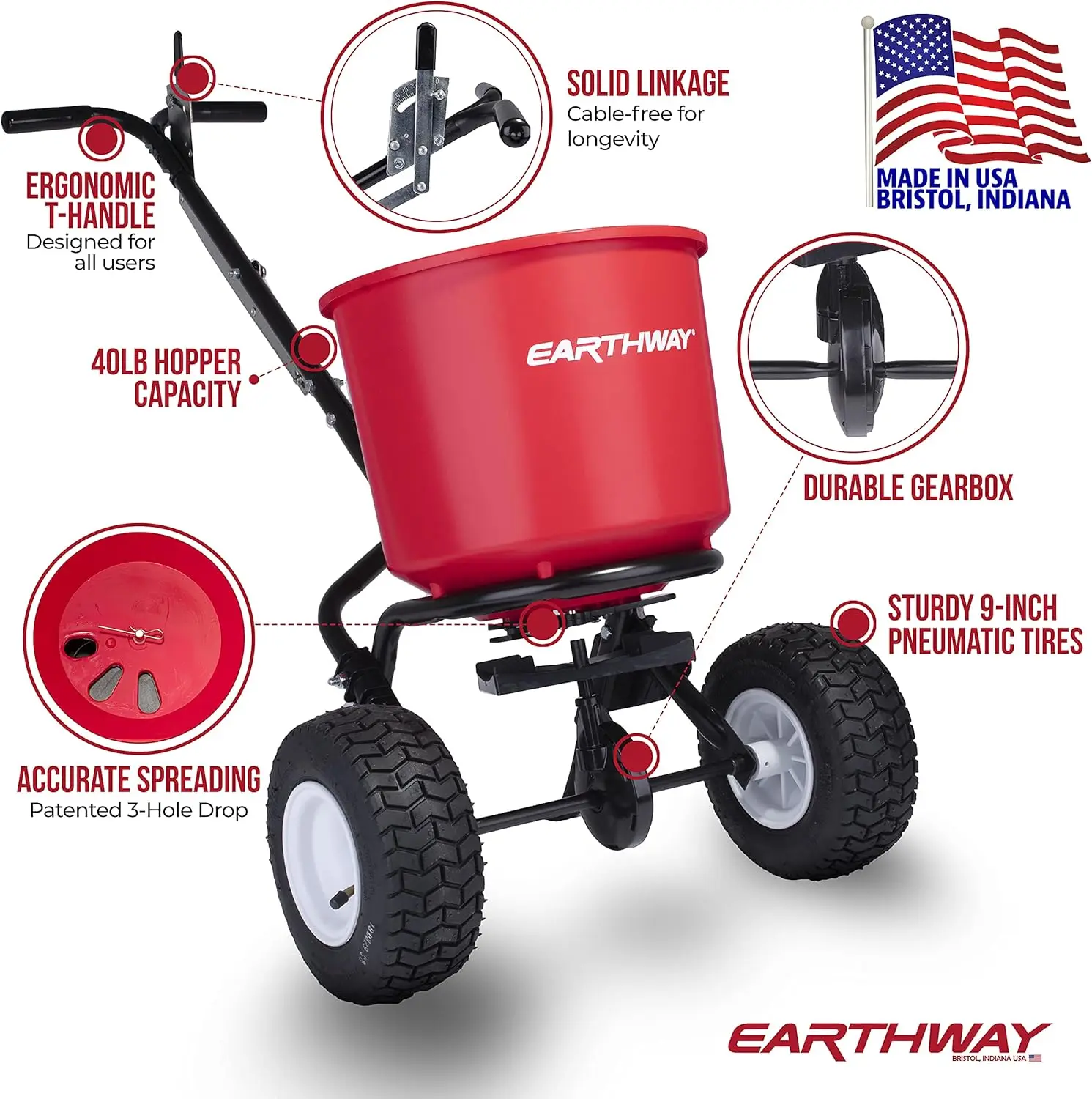 EarthWay 2600A-Plus 40 LB (18 KG) Transmisja walcowa Rozsiewacz nawozów, Siewnik ogrodowy, Rozsiewacz soli z 9-calowym pneumatycznym kołem