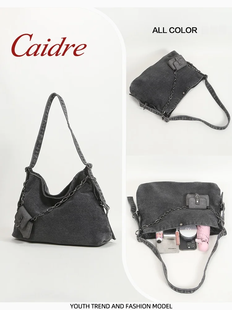 Caidre Large Capacity Canvas Tote Bag Women's Retro Denim Commuter Single Shoulder Slant Cross Bag Pure Color Casual Bag