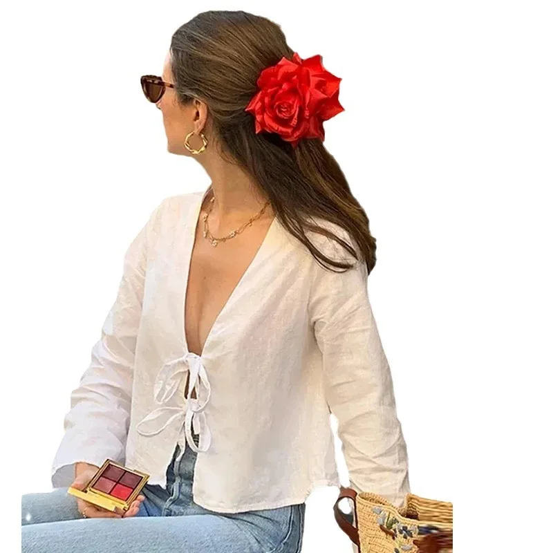 Cotton Lace Up Bow Shirts Women Loose Hollow Out V Neck Long Sleeve Tops Female 2024 Spring New Lady Streetwear Tops