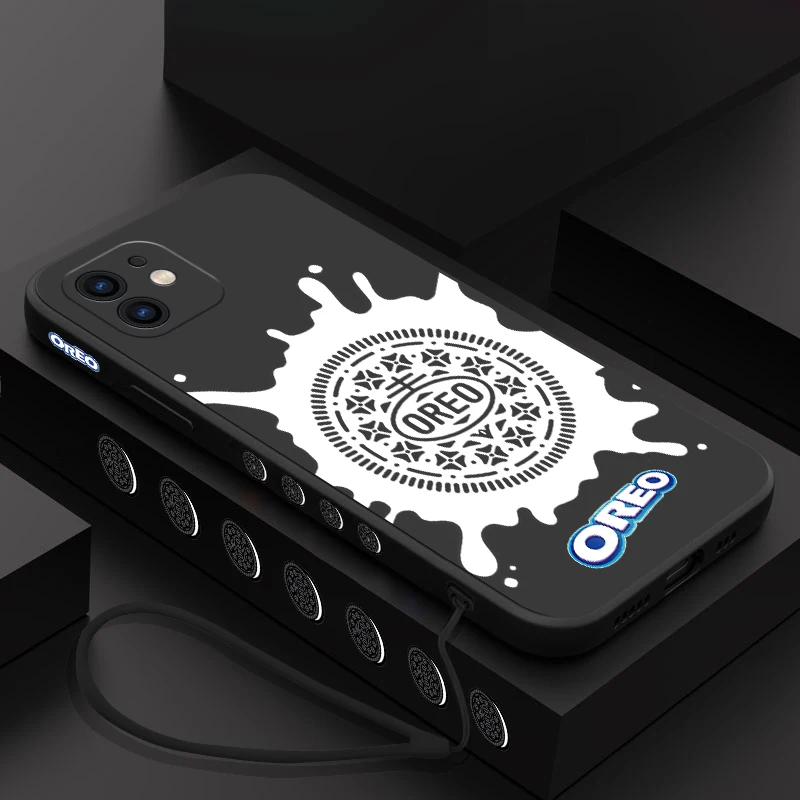 O-Oreo Milk Cookies Phone Case For iPhone 15 14 13 12 11 Pro Max Mini X XR XS SE20 8 7 Plus 6 6S Silicone Cases with Hand Strap