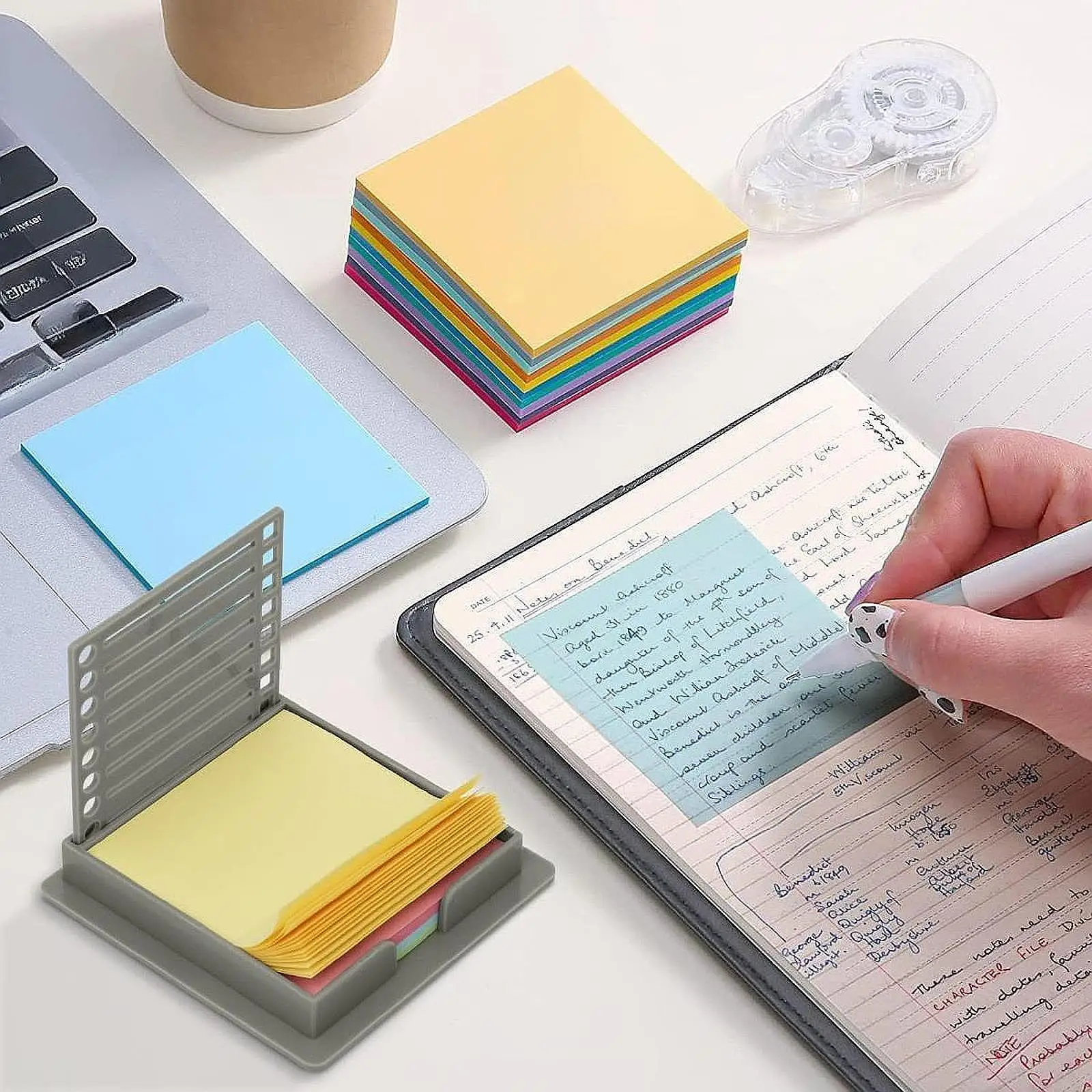 2x Sticky Notes Holder with Stencil Desktop Portable 3x3" Sticky Notepad Holder for School Classroom Office Supplies Home Dorm
