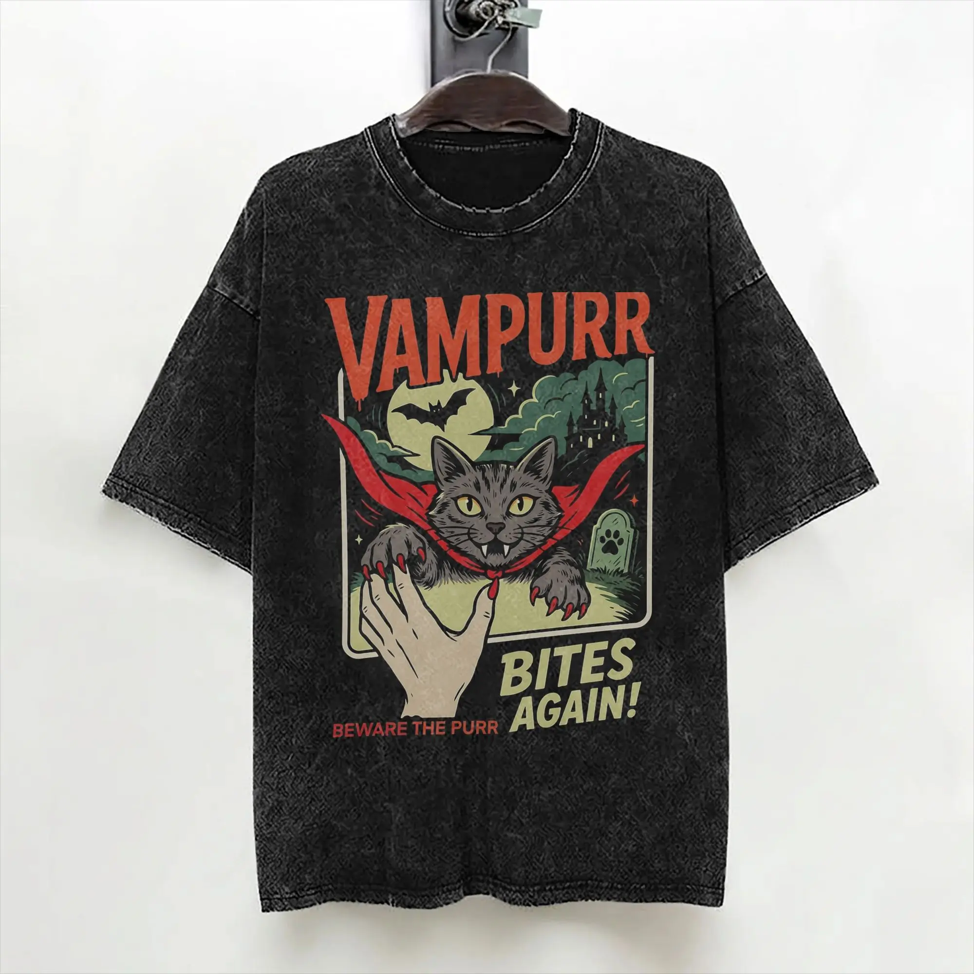 Vampurr Bites Again Halloween Vampire Cat Washed T Shirts Streetwear  T-Shirts Tees for Men Women Short Sleeve Harajuku Printed