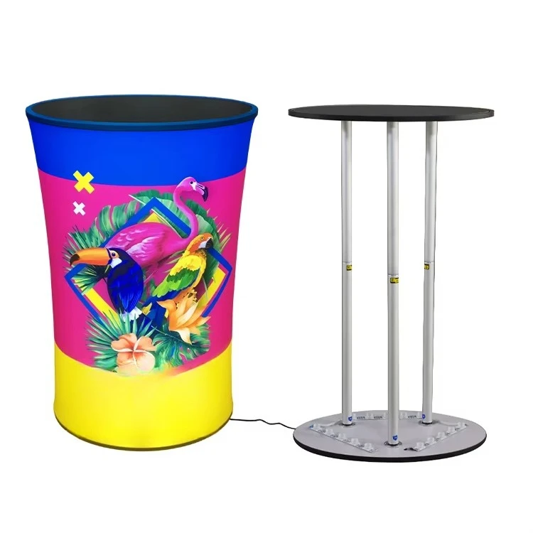 Professional exhibition reception desk with portable suitcase, LED countertop, oval, eco-friendly, durable, model 3D-OCLED