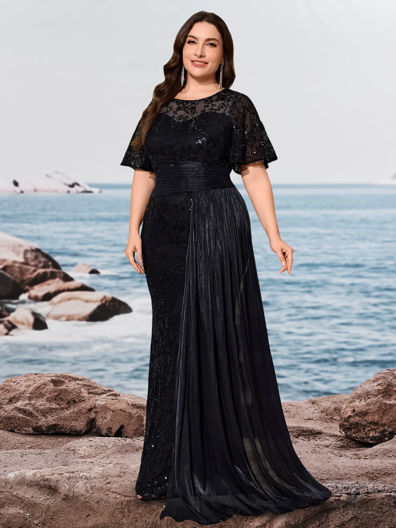 Plus Size Elegant Short Sleeves Sequins Patchwork Ribbon Pleats Formal Evening Dresses Luxury Mermaid Party Gown Prom