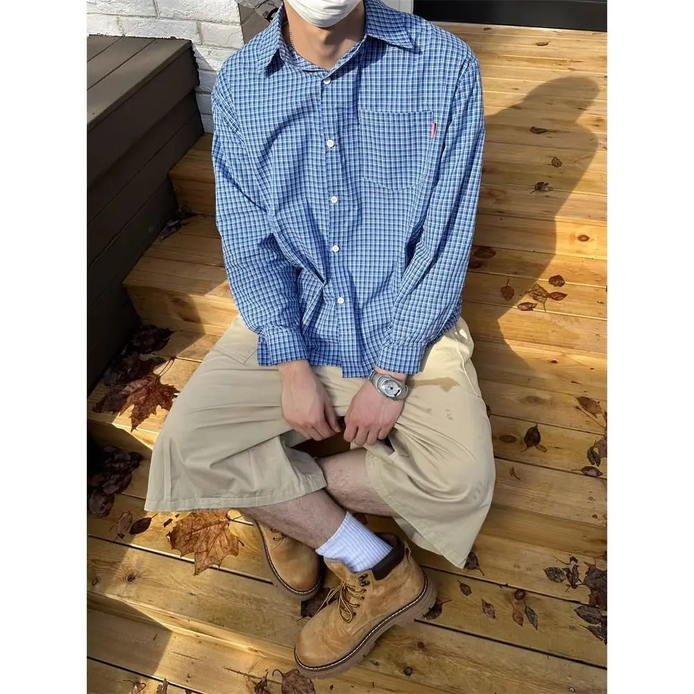 

Рубашка в стиле ретро, американская, с длинными рукавами, повседневная, в клетку, мужская, осенняя, универсальная верхняя одежда, модная, из смесового хлопка и полиэстера