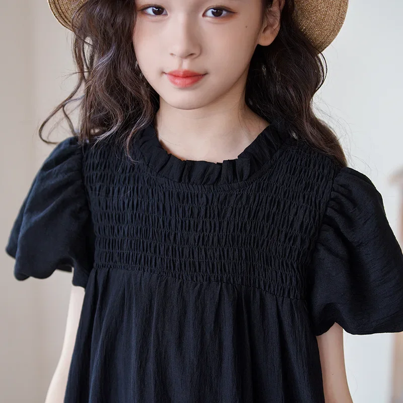 Party Dress for Kids Summer 2024 New Puff Sleeve White Black Girls Princess Dresses Casual Loose School Teenage Children Clothes