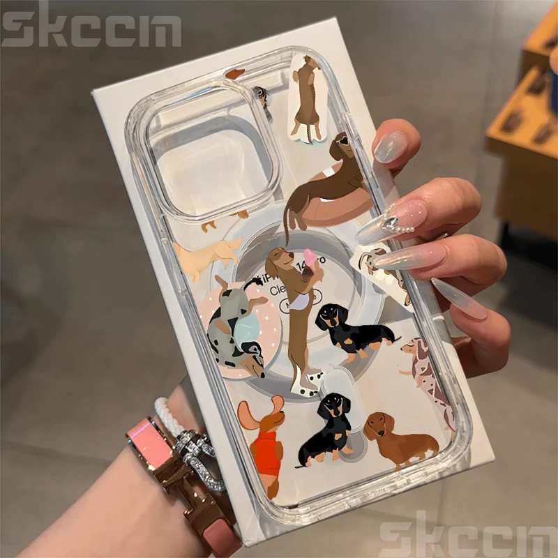 Милый магнитный чехол для телефона с рисунком таксы и бульдога для iPhone 17 16 15 14 13 12 11 Pro Max 16E X XS XR, прозрачный, жесткий