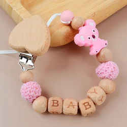 Soporte de Koala para chupete de bebé, mordedor de madera de haya en inglés personalizado con nombre y letras de silicona, juguete para masticar, cadena para chupete