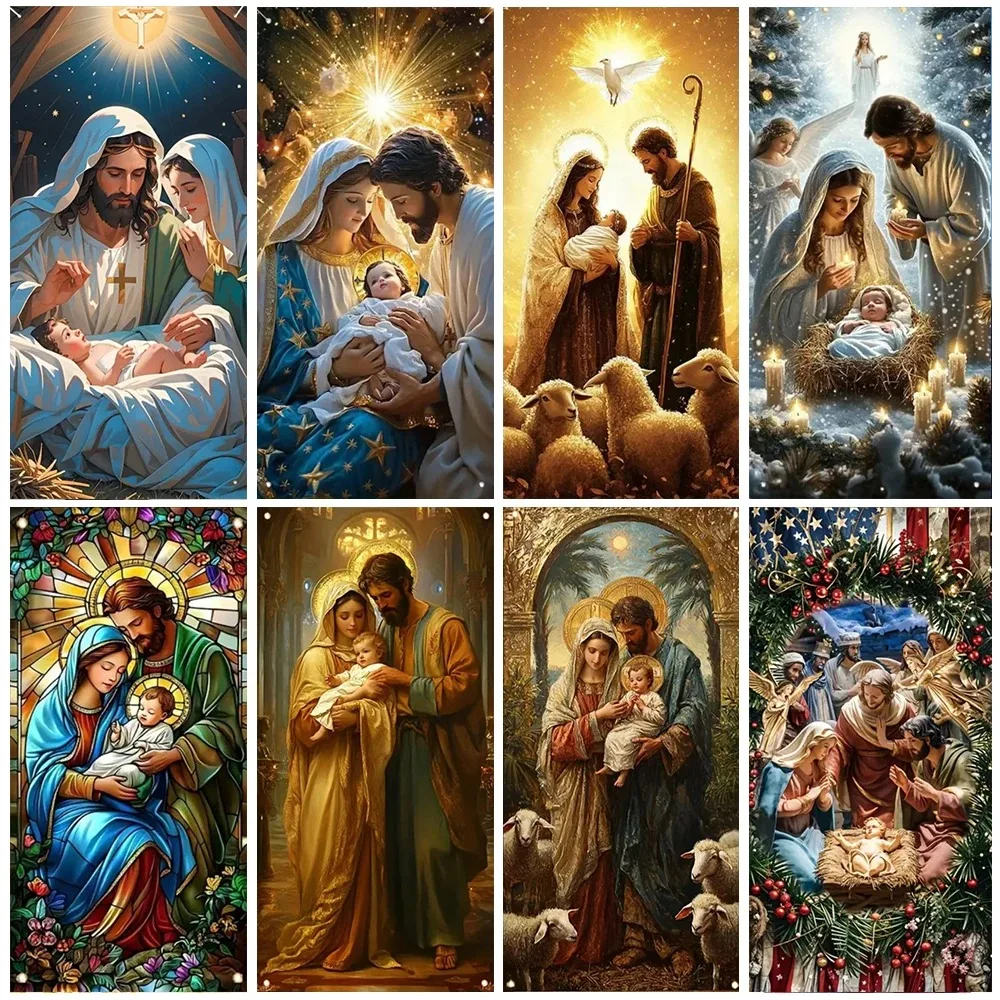 Christmas and New Year Bright Star Themed Banner Background, Decorated with Scenes of The Birth of Jesus, Photography Background