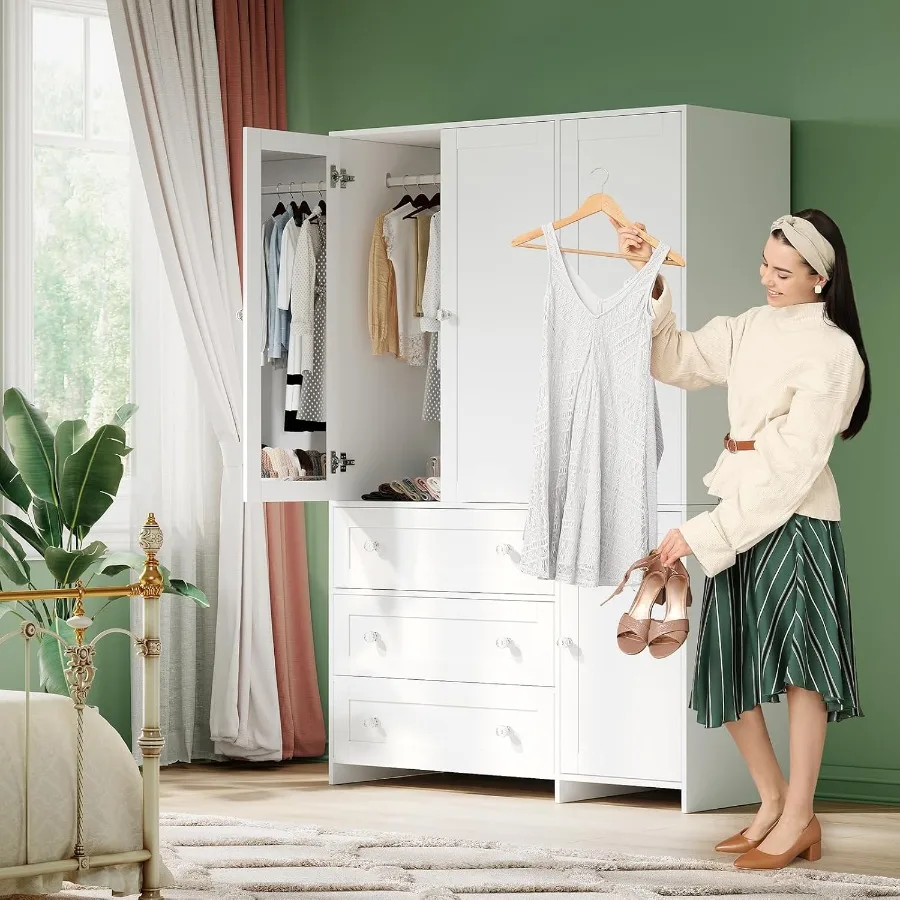 71 Wooden Wardrobe Cabinet with 4 Doors Built-in Mirror and Drawers for Bedroom: Large Capacity Clothing Storage with Hanging R