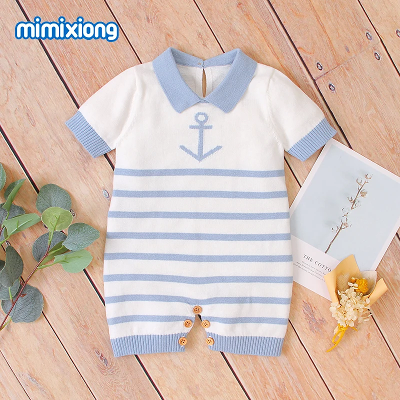 

Baby Gentlemen Style Rompers Clothes Summer Sailor Knit Newborn Infant Boys Cotton Sunsuits Jumpsuits 0-18m Toddler Kids Outfits