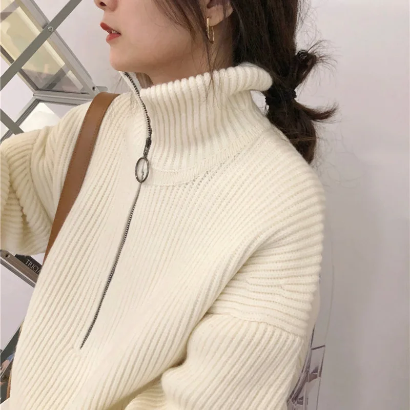 OMCHION Pull Femme Korean Style Loose Knitwear Solid Color Zippers Sweter Women Turtleneck Autumn Vintage Retro Pullover