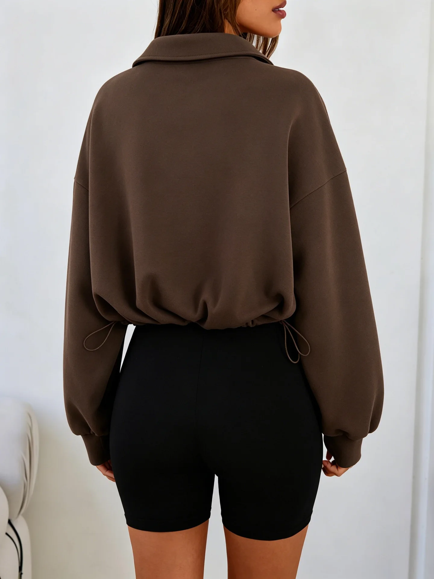Women Half Zip Sweatshirt Cropped Pullover Oversized Long Sleeve Drawstring Hem Hoodie Y2K Athletic Sportswear