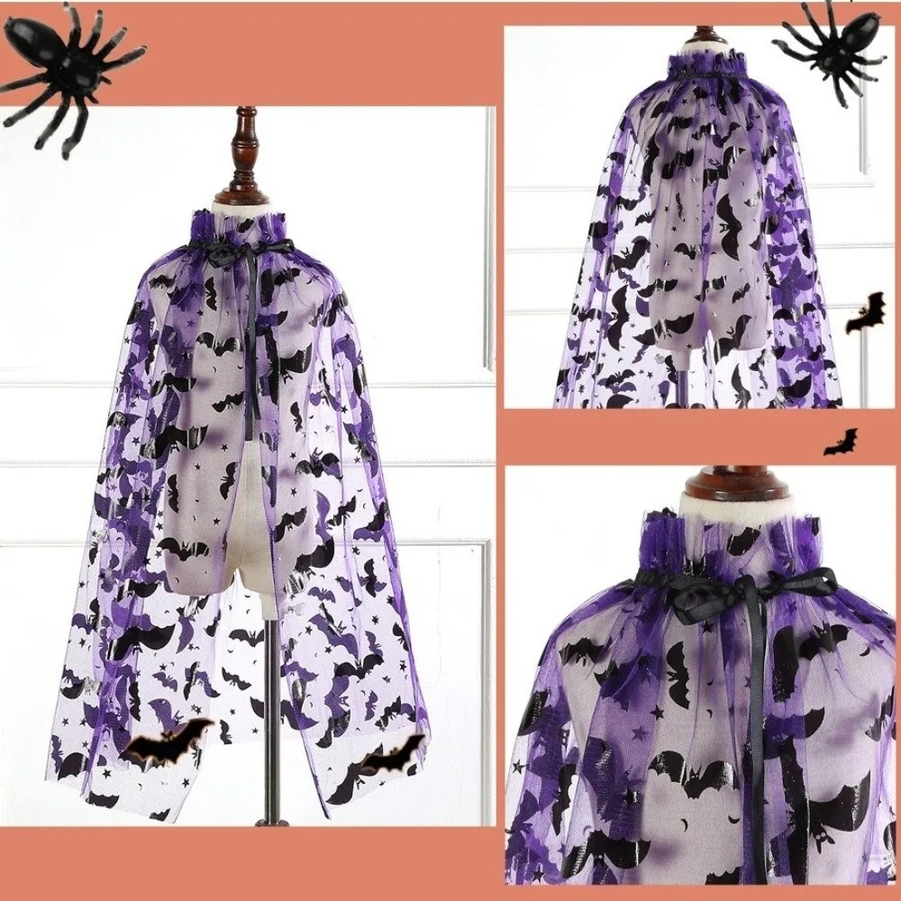 Retro Spider Web Halloween Tulle Cape Bat Soft Mesh Cloak Lightweight Polyester Cosplay Bridal Costume Children